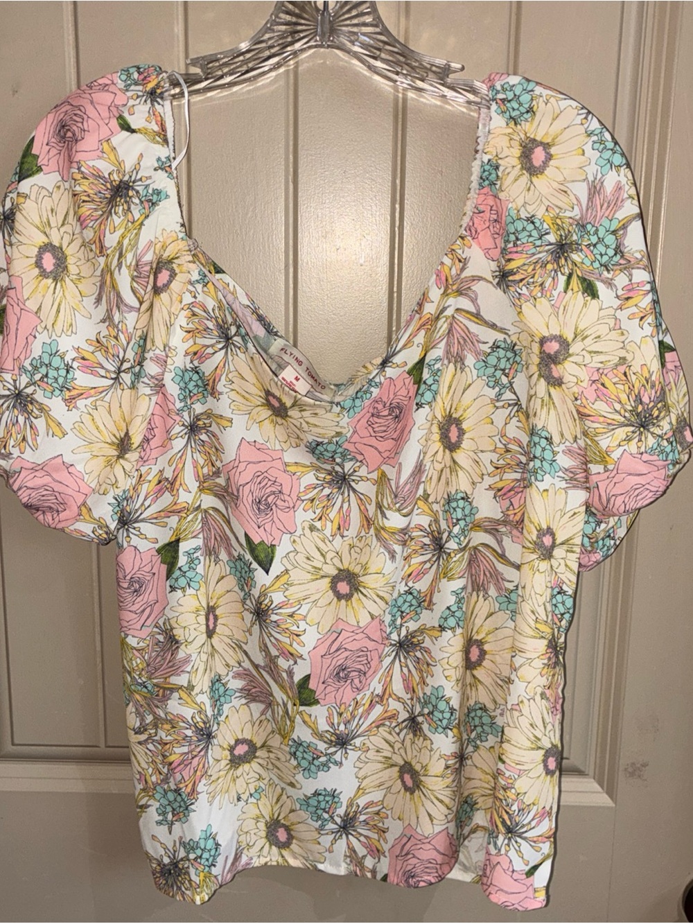 Flying Tomato White Floral Scoop Neck Blouse with Pink & Yellow Flowers